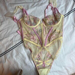 For Love & Lemons yellow and pink lace bodysuit BNWT